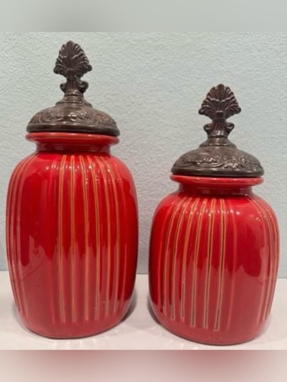 Red Ceramic Decorative Jars with Ornate Metal Lids Cookie Coffee Tea Kitchen